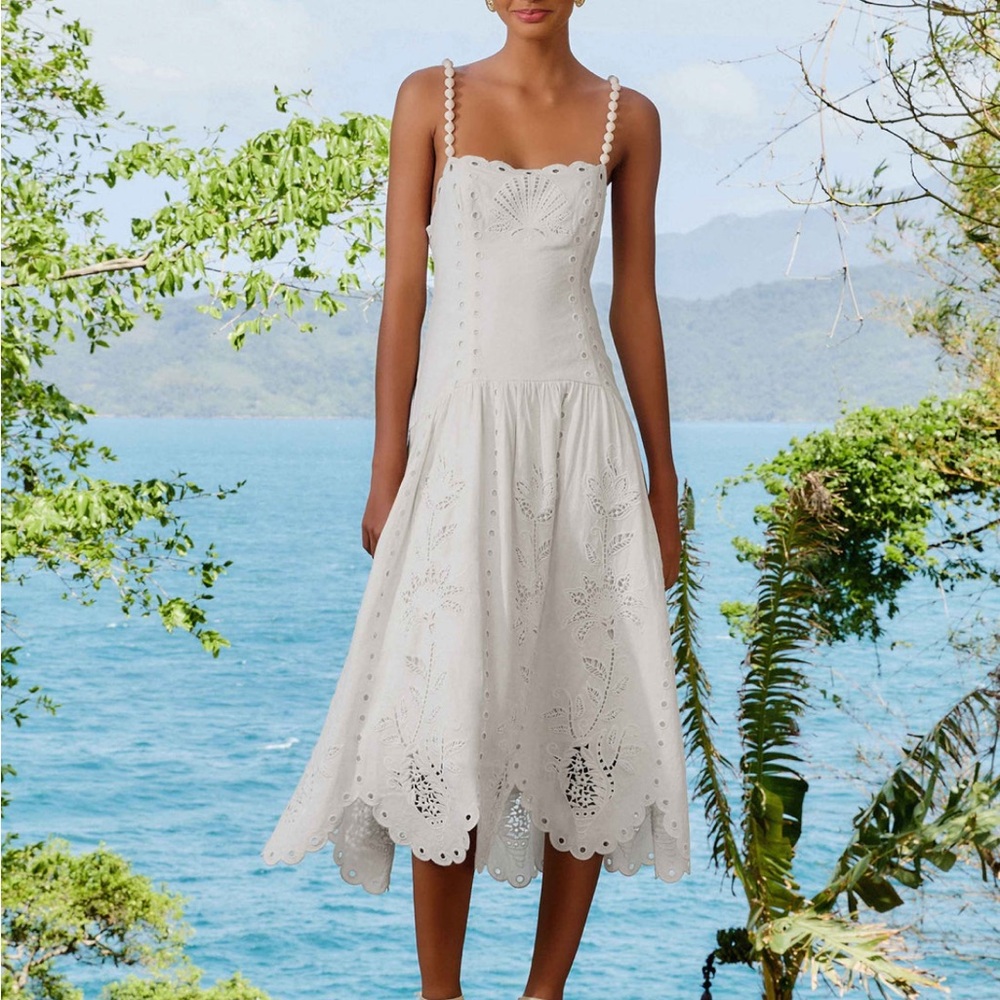 FARM RIO NWT Off-White Richilieu Eyelet Midi Dress